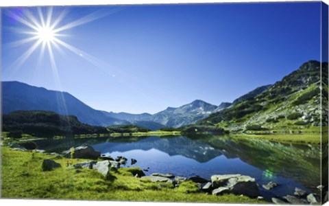 Framed Muratov Lake against blue sky and bright sun in Pirin National Park, Bulgaria Print