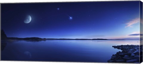 Framed Tranquil lake against starry sky, moon and falling meteorite, Finland Print