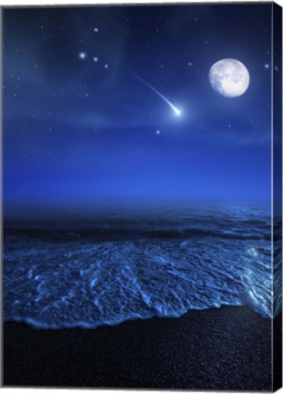 Framed Tranquil ocean at night against starry sky, moon and falling meteorite Print