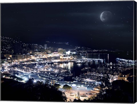 Framed Aerial view of Port Hercules in Monaco at night Print