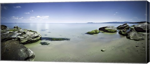 Framed Panoramic view of tranquil sea and boulders against blue sky, Burgas, Bulgaria Print