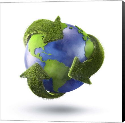 Framed 3D Rendering of planet Earth surrounded by grassy recycle symbol Print