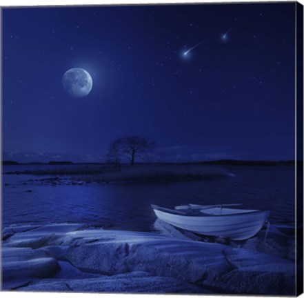 Framed boat moored near an icy stone in a lake against starry sky, Finland Print