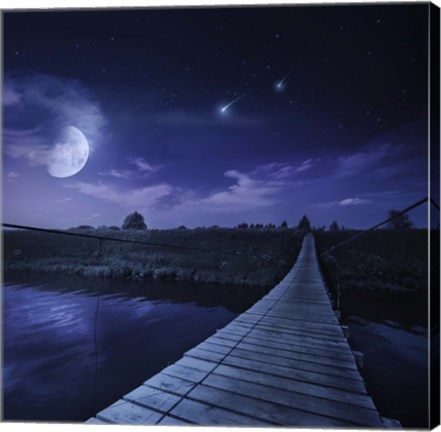 Framed bridge across the river at night against starry sky, Russia Print