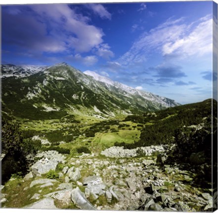 Framed green valley through Pirin Mountains, Pirin National Park, Bulgaria Print