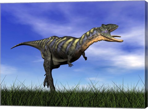 Framed Aucasaurus dinosaur running in the grass Print