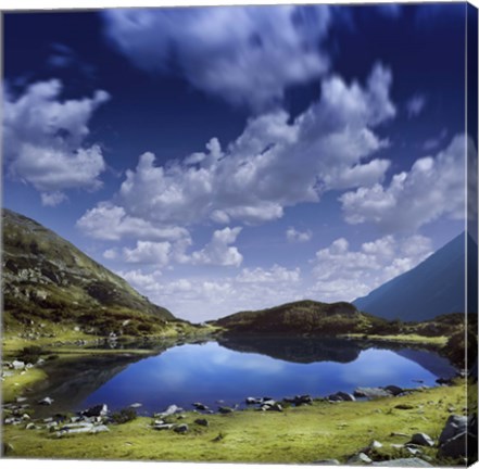 Framed Blue lake in the Pirin Mountains over tranquil clouds, Pirin National Park, Bulgaria Print