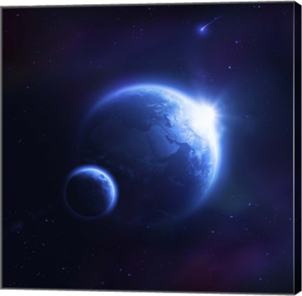 Framed Earth and moon in outer space with rising sun and flying meteorites Print