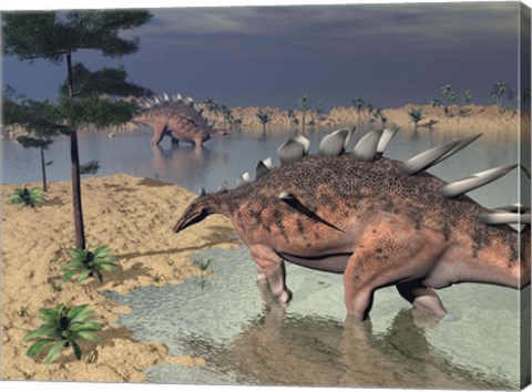 Framed Kentrosaurus dinosaurs walking in the water next to sand and trees Print