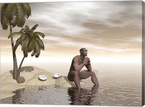 Framed Male Homo Erectus sitting alone on a beach island next to coconuts Print