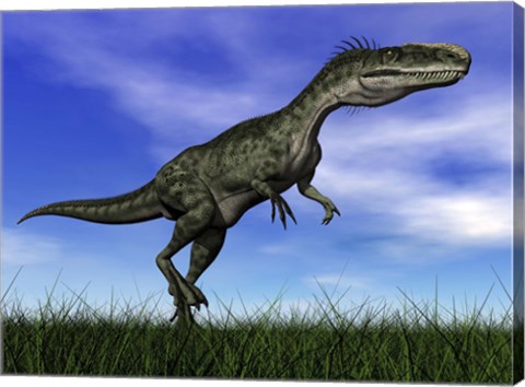 Framed Monolophosaurus dinosaur walking in the grass Print