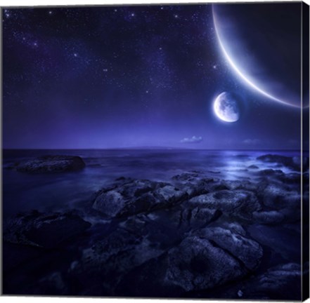 Framed Nearby planets hover over the ocean on this world at night Print