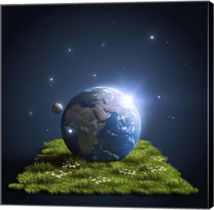 Framed Planet Earth lying on a green lawn with moon and stars Print