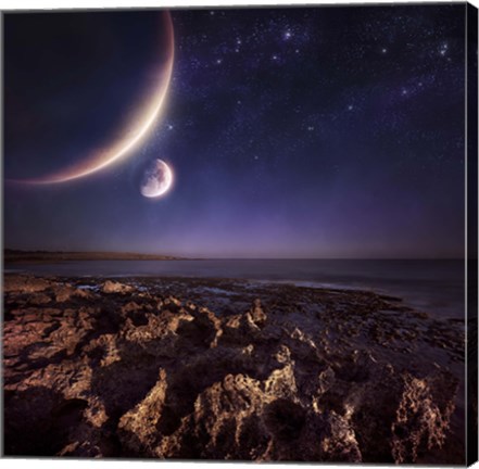 Framed Rising plantes hover over ocean and rocky shore against starry sky Print