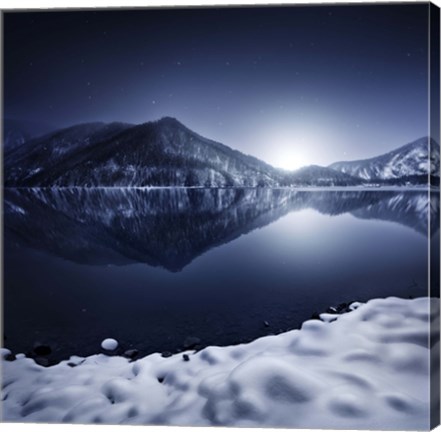 Framed Ritsa Lake in the snow covered mountains of Ritsa Nature Reserve, Georgia Print