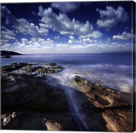 Framed Rocky shore and tranquil sea, Portoscuso, Sardinia, Italy Print