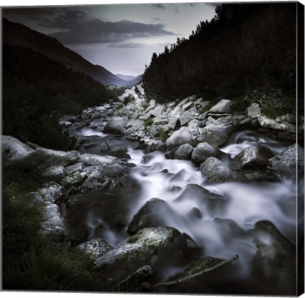 Framed Small river flowing over large stones in the mountains of Pirin National Park, Bulgaria Print