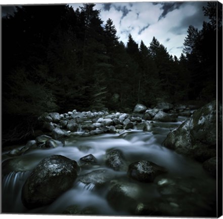 Framed Small river flowing over stones covered with moss, Pirin National Park, Bulgaria Print