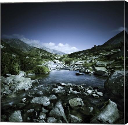 Framed Small river flowing through big stones in Pirin National Park, Bulgaria Print