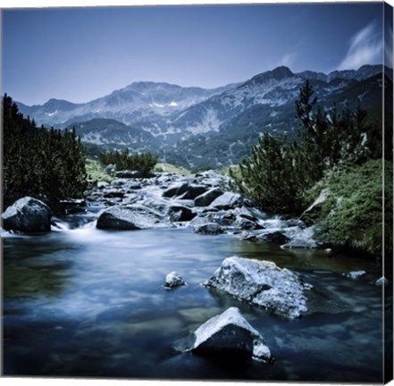 Framed Small river flowing through the mountains of Pirin National Park, Bulgaria Print