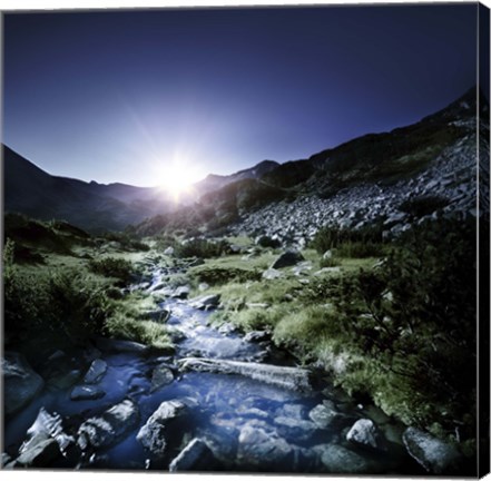 Framed Small stream in the mountains at sunset, Pirin National Park, Bulgaria Print