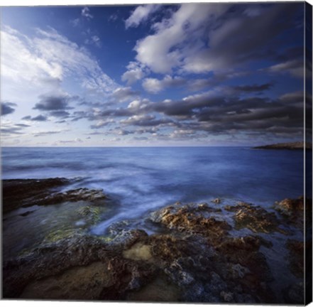 Framed Tranquil lake and rocky shore against cloudy sky, Crete, Greece Print