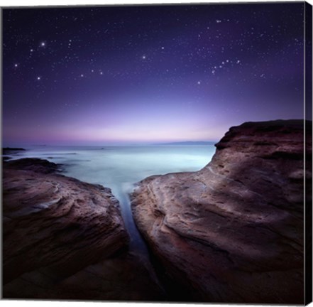 Framed Two large rocks in a sea, against starry sky Print