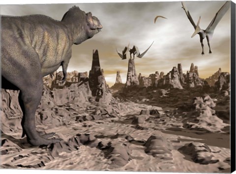 Framed Tyrannosaurus Rex dinosaur and Pteranodons on a rocky desert landscape Print