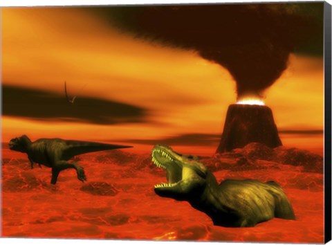 Framed Tyrannosaurus Rex dinosaurs struggle to survive from a volcanic eruption Print