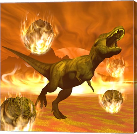 Framed Tyrannosaurus Rex struggles to escape from a meteorite crash Print