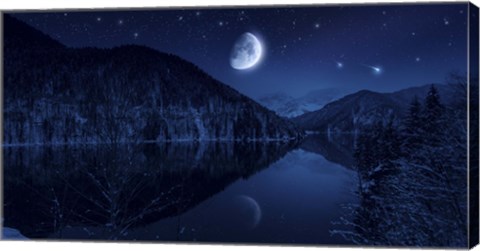 Framed Moon rising over tranquil lake in the misty mountains against starry sky Print