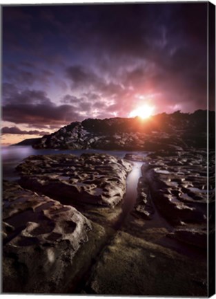 Framed Rocky shore and tranquil sea against cloudy sky at sunset, Sardinia, Italy Print