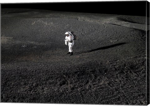 Framed Space Suit engineer simulates work inside a crater in Johnson Space Center&#39;s Lunar Yard Print