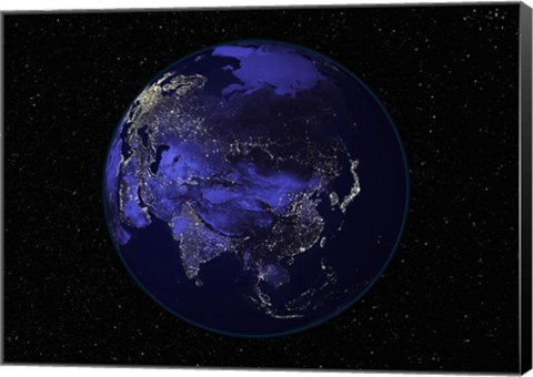 Framed Satellite view of Earth showing city lights at night Print