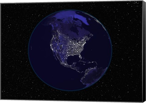 Framed Satellite view of the Earth showing city lights at night Print