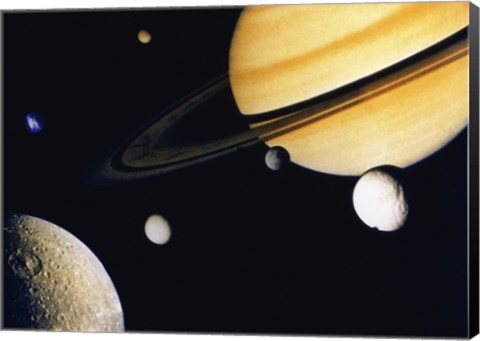 Framed Saturn and its Satellites.  Clockwise from right: Tethys, Mimas, Encleladus, Dione, Rhea &amp; Titan Print