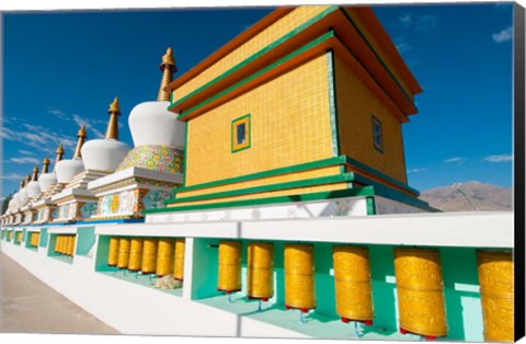 Framed Chortens and prayer flags at Dali Lama&#39;s Ladakh home, Ladakh, India Print