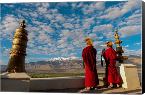 Framed Monks playing horns at sunrise, Thiksey Monastery, Leh, Ledakh, India Print