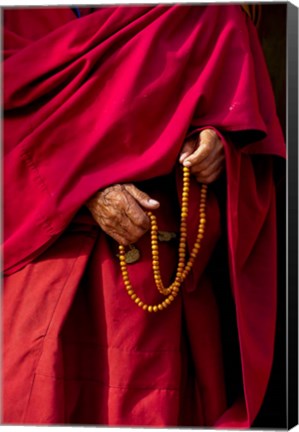 Framed Hands of a monk in red holding prayer beads, Leh, Ladakh, India Print