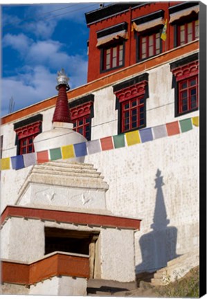 Framed Prayer flags and a chorten at Thiksey Monastery, Leh, Ladakh, India Print