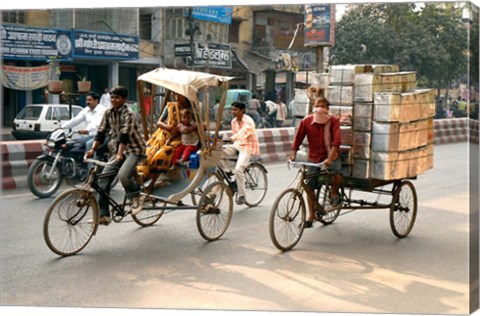 Framed People and cargo move through streets via rickshaw, Varanasi, India Print