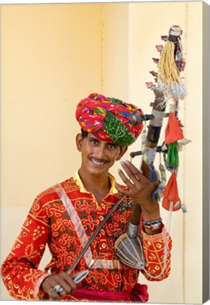 Framed Young Man in Playing Old Fashioned Instrument Called a Sarangi, Agra, India Print