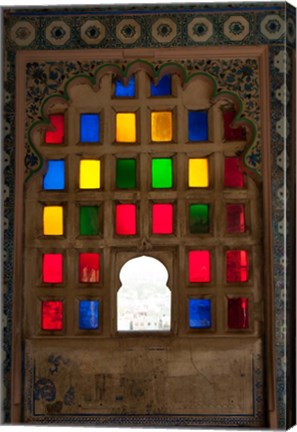 Framed Brightly colored glass window, City Palace, Udaipur, Rajasthan, India. Print