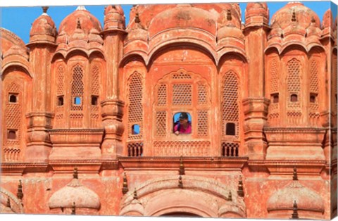 Framed Tourist by Window of Hawa Mahal, Palace of Winds, Jaipur, Rajasthan, India Print