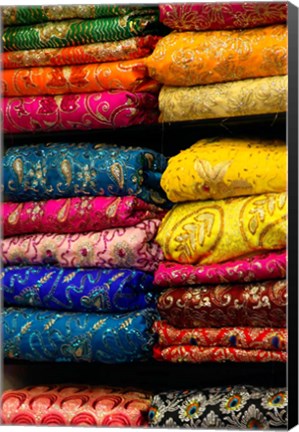 Framed Colorful Sari Shop in Old Delhi market, Delhi, India Print