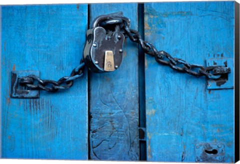 Framed India, Ladakh, Kargil, Padlock on blue door Print