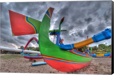 Framed Outrigger boats, called jukungs, on beach, Bali, Indonesia Print