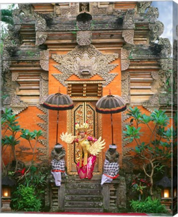 Framed Balinese Dancer Wearing Traditional Garb Near Palace Doors in Ubud, Bali, Indonesia Print