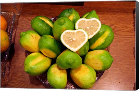 Framed Display of fresh heart shaped limes, Tokyo, Japan Print