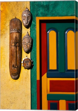 Framed Decorated Door with Handcrafted Masks in Ubud, Bali, Indonesia Print